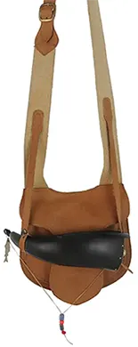 Used Possibles bag, leather,
8-3/4" by 8", beaver tail flap,
with powder horn